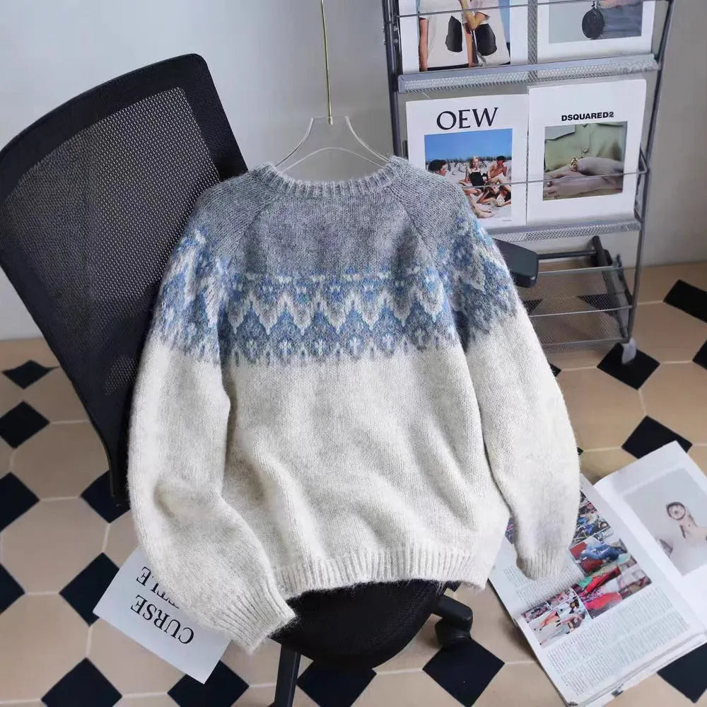 Women's loose-fit jacquard knit sweater coat in milky white, brown, or navy blue.