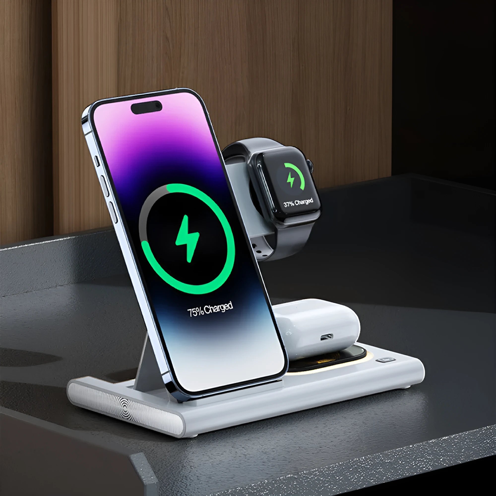 Black folding four-in-one wireless charger for phone and watch, 165X141.4X19MM plastic USB charging station