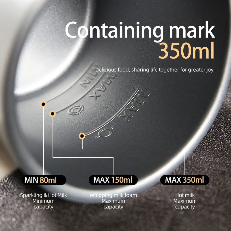 White stainless steel milk frother with knob control and 350ml capacity on a kitchen counter