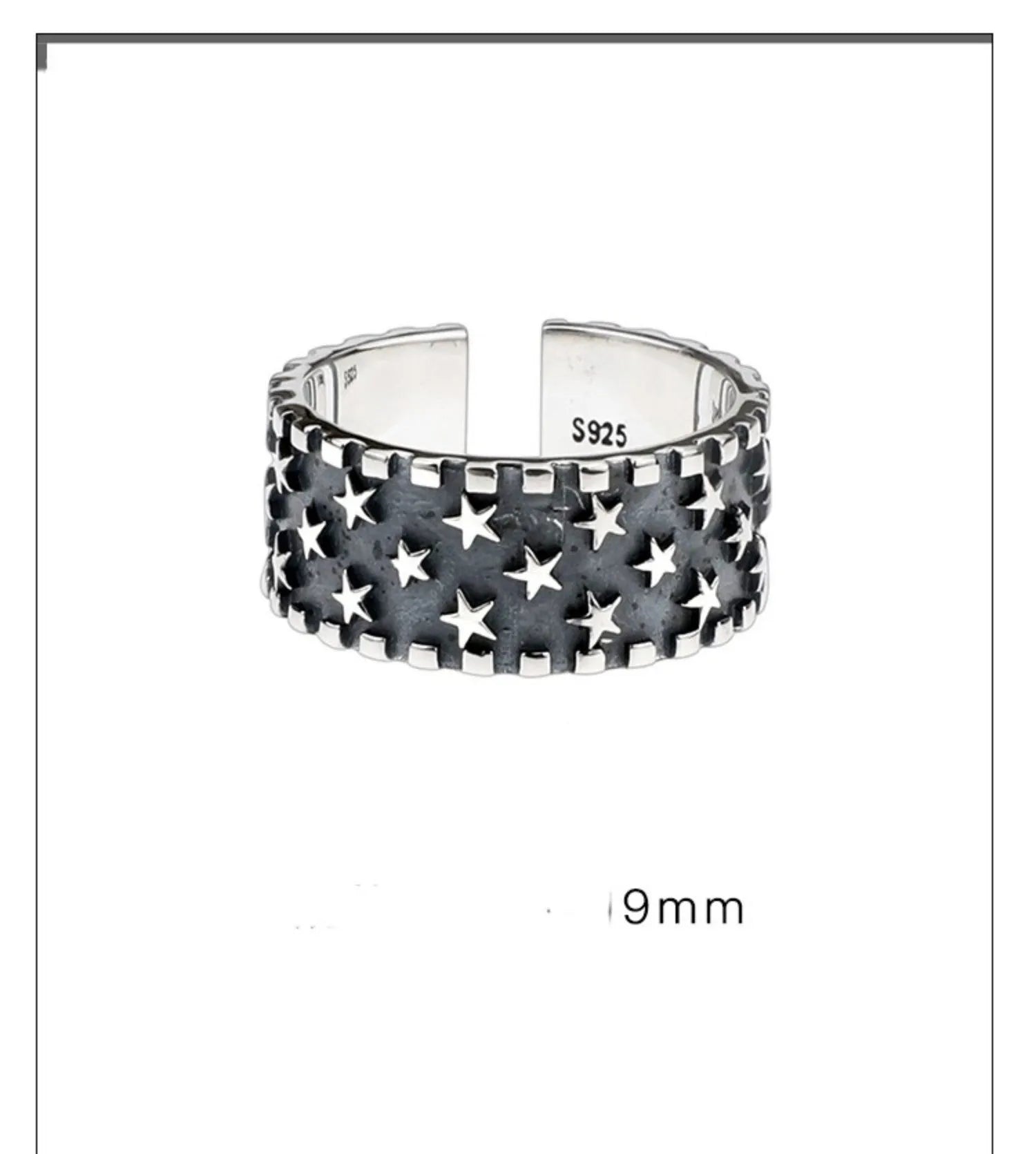 Adjustable sterling silver ring featuring a raised five-pointed star geometric pattern on the band.
