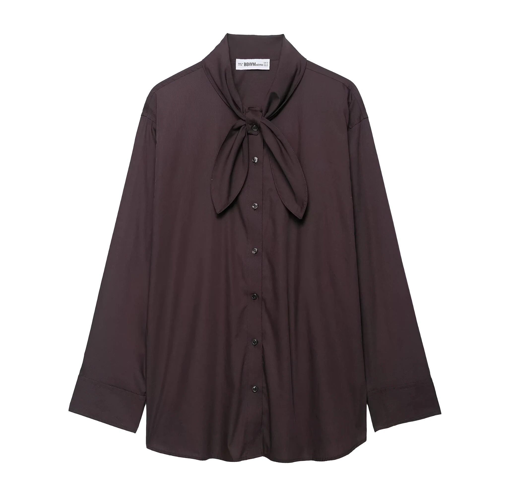 Brown loose fit women's long sleeve poplin shirt with a bow tie scarf