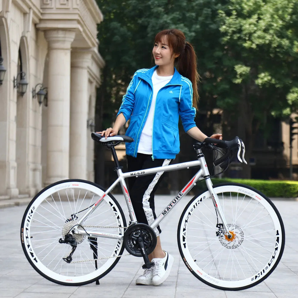 Aluminium alloy road bike 21 speed with double disc brakes in titanium silver