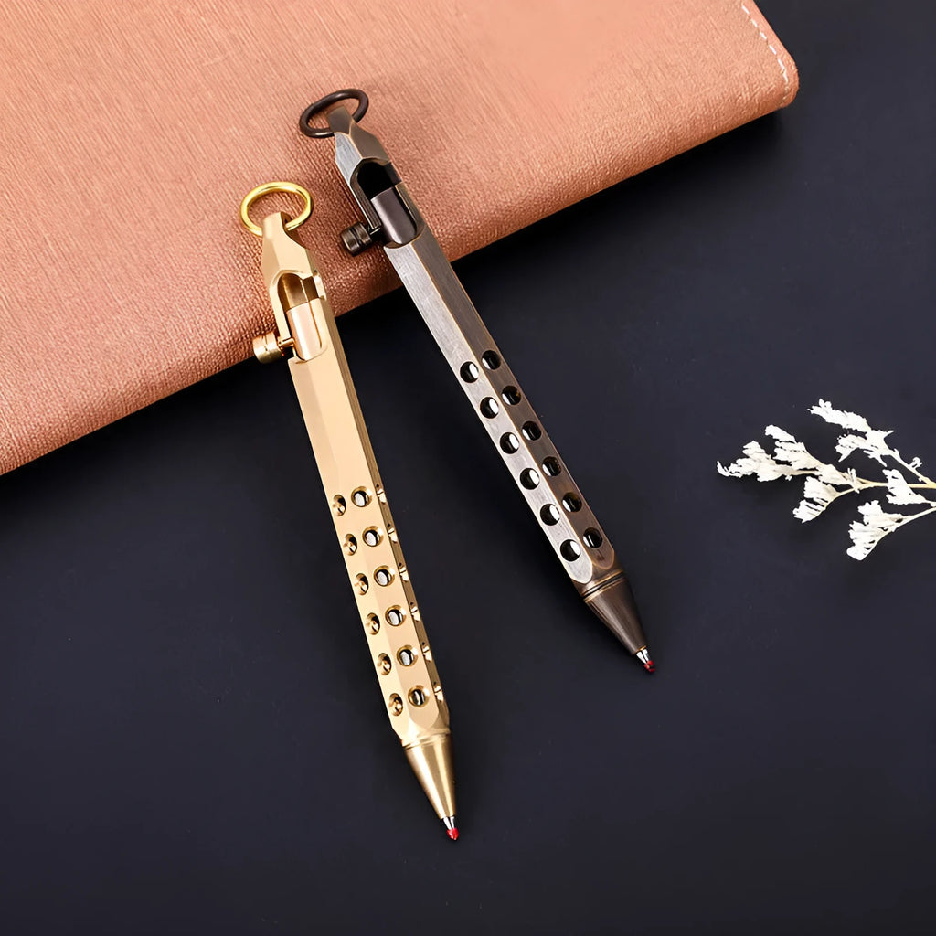 Brass hexagonal retro bolt pen with a 0.5mm tip shown next to a refill.