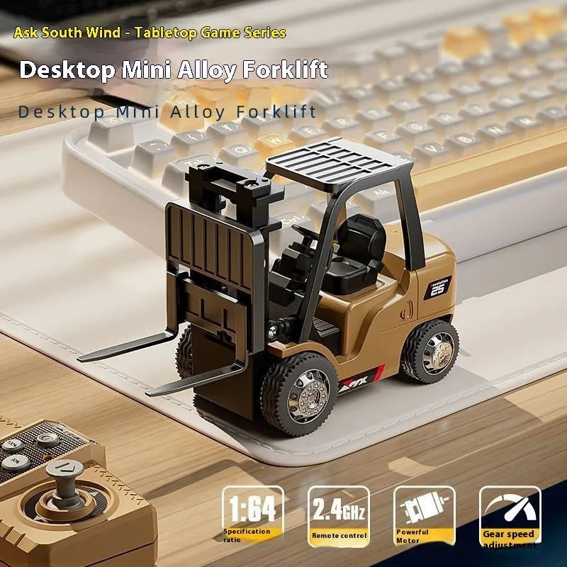 1:64 scale mini alloy forklift remote control toy with cargo accessories on display