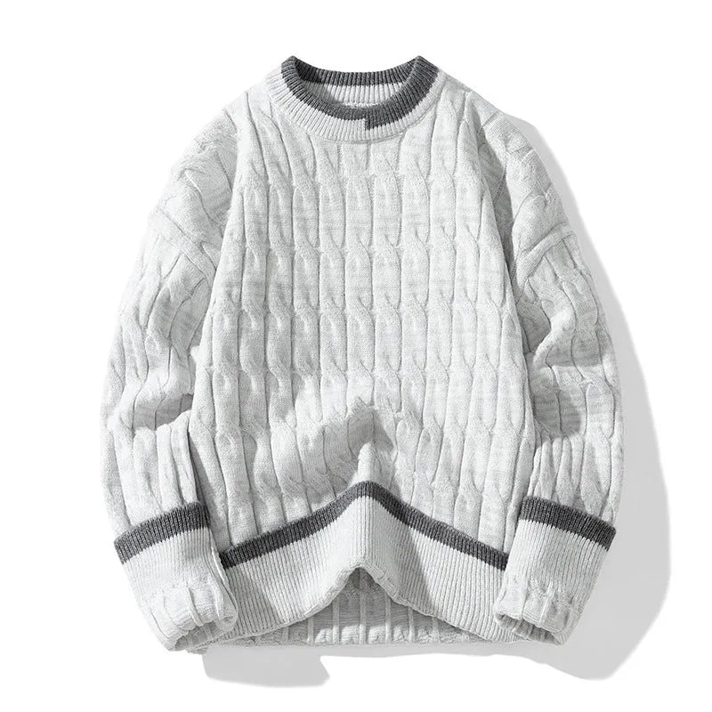 Men's loose fit grey pullover sweater with long sleeves on a hanger.