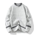 Men's loose fit grey pullover sweater with long sleeves on a hanger.