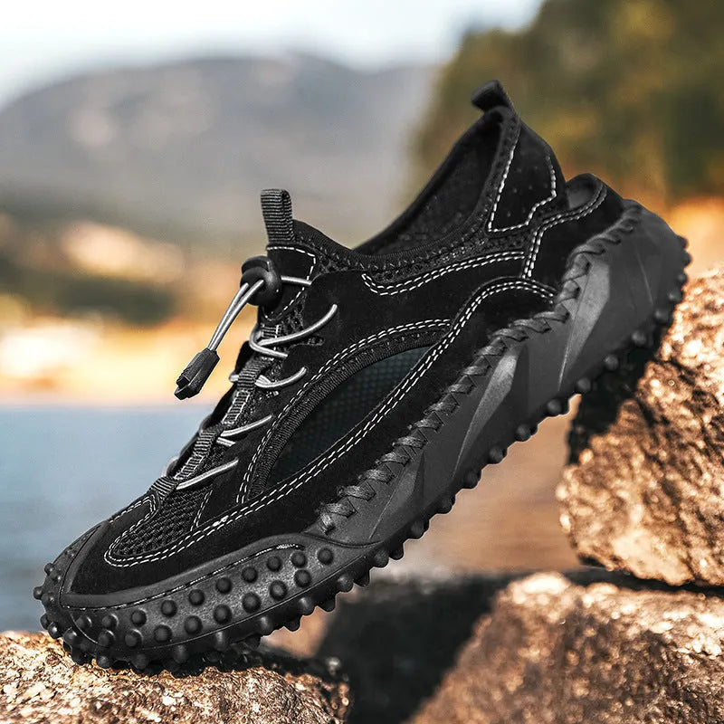 Men's black waterproof casual sports sandals with a leather mesh upper, elastic band, and rubber sole.