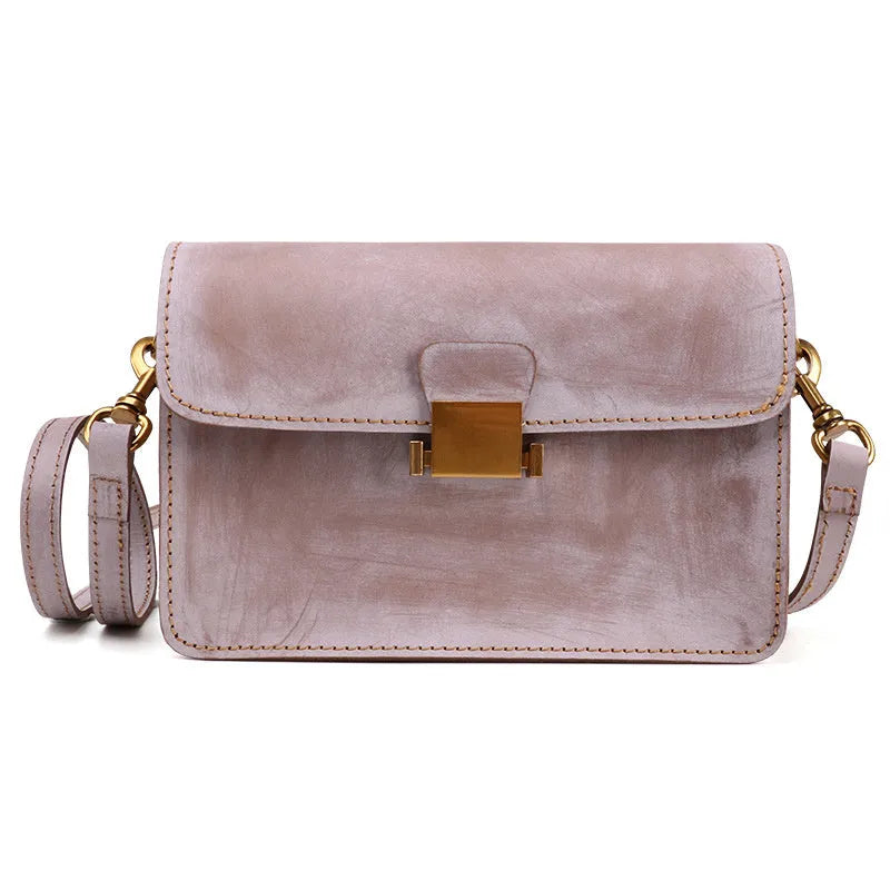 Foggy wax leather women's messenger bag coffee colour small horizontal square shape with lock closure