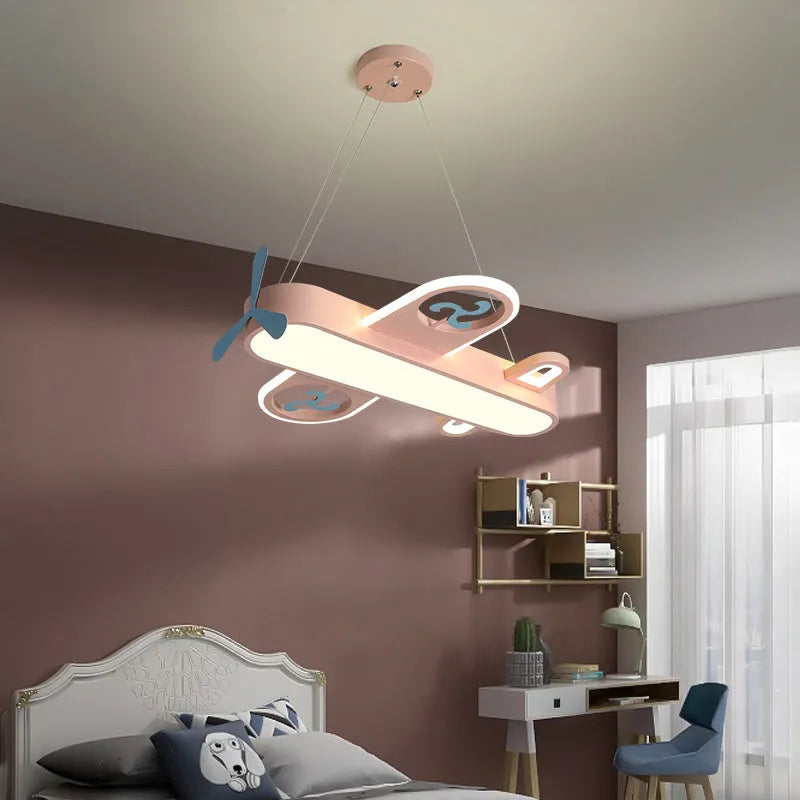 Blue or pink cartoon plane LED chandelier with iron frame and aluminium alloy body for children's room ceiling