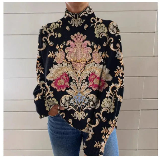 Black 3D pattern printed turtleneck sweater with loose fit and regular sleeves