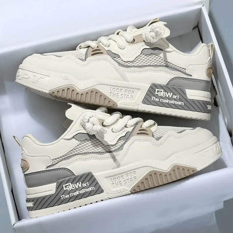 Men's low-top board shoes in white and yellow, white and black, and beige colour-matching designs with rubber soles