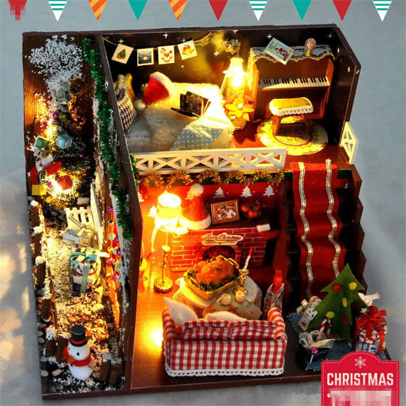 DIY Christmas cottage miniature house kit with LED lights, wood construction, cabin style, 22 x 20.5 x 13.7 cm