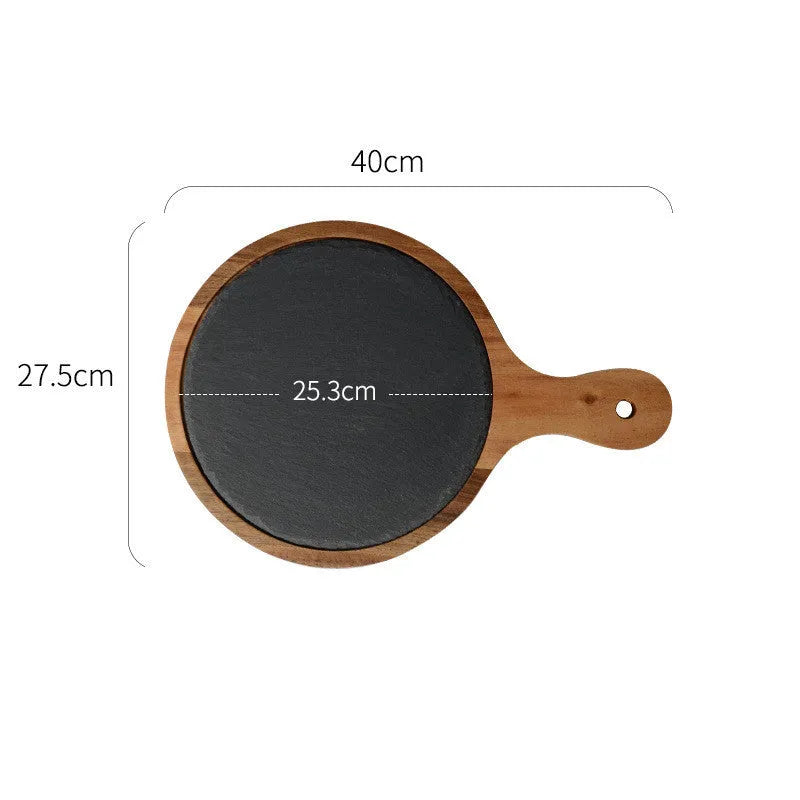 Black wooden pizza dish made from acacia wood and stone, multi-colour sets, on a table