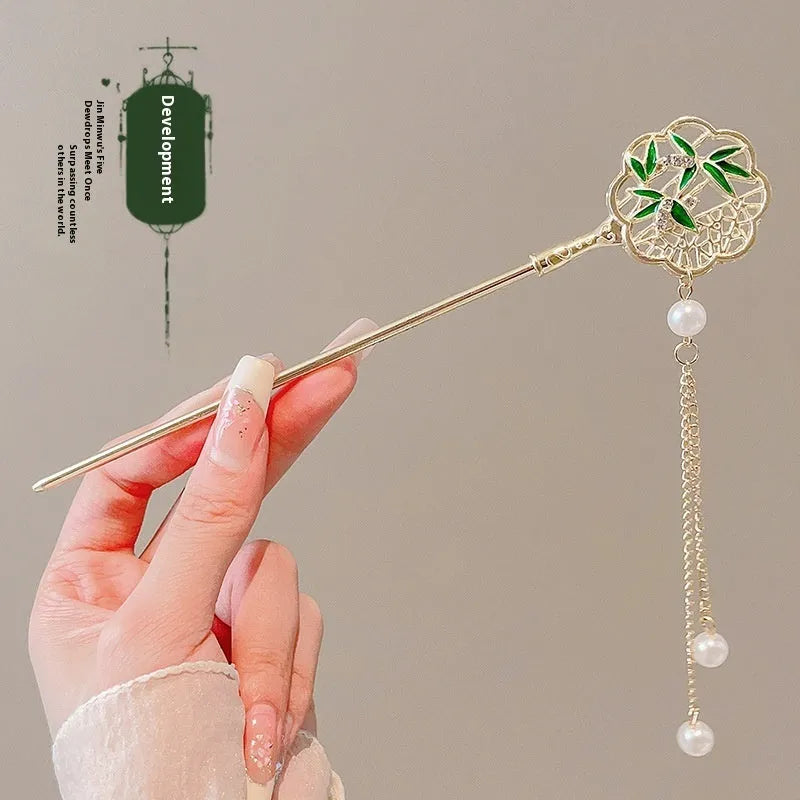 Chinese style ebony hairpin with electroplated alloy and floral ancient design