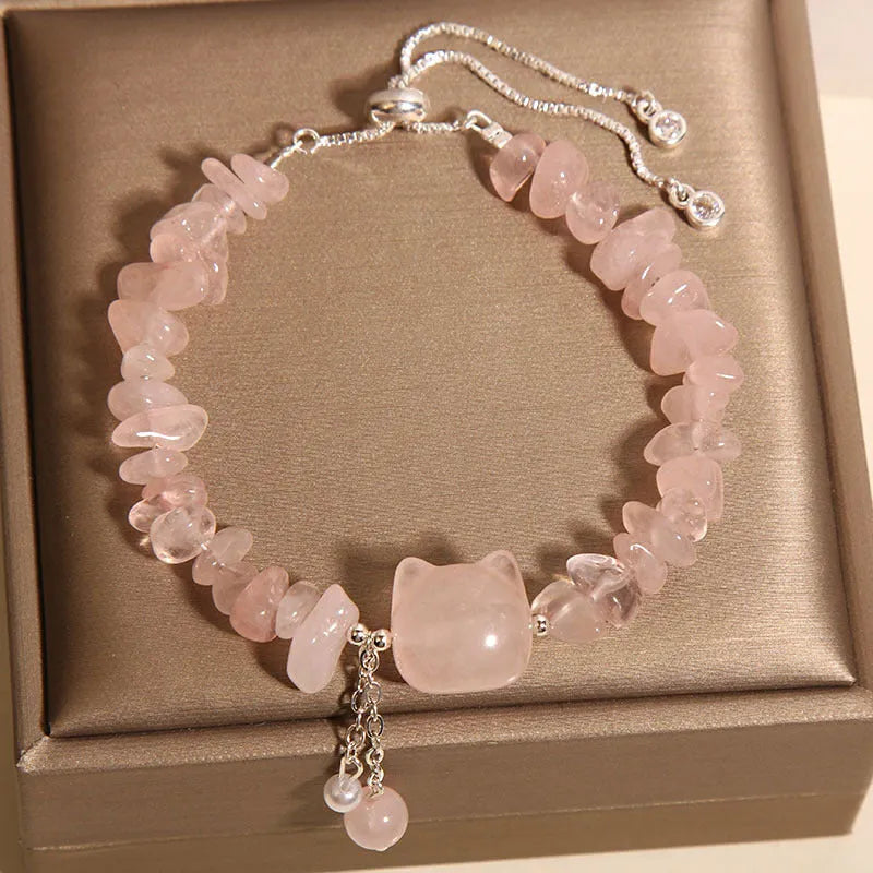 Pink crystal gravel kitten bracelet for women light luxury style