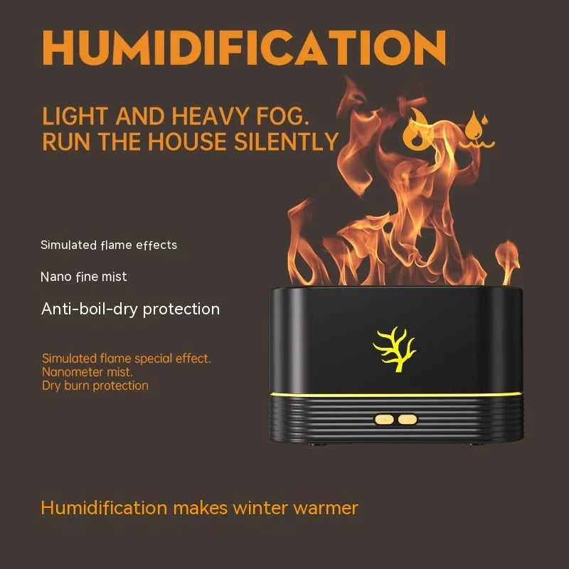 White USB flame humidifier with LED fire effect and square design on a wooden table