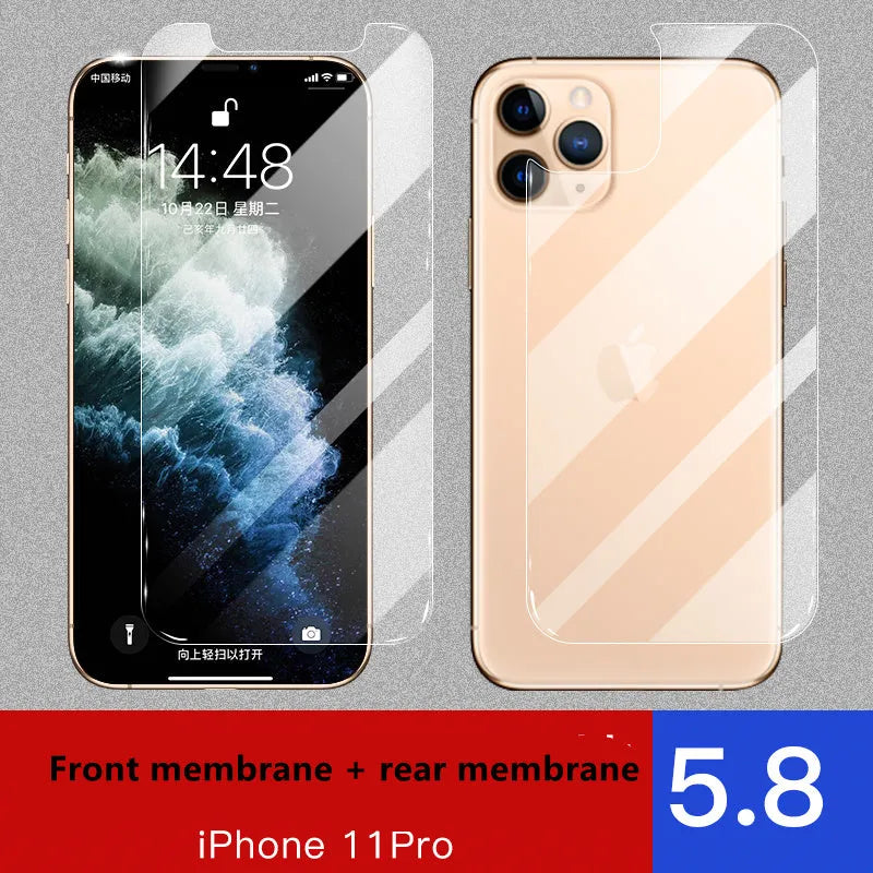 Apple iPhone tempered glass screen protector set showing front and rear film with true 10D explosion-proof construction