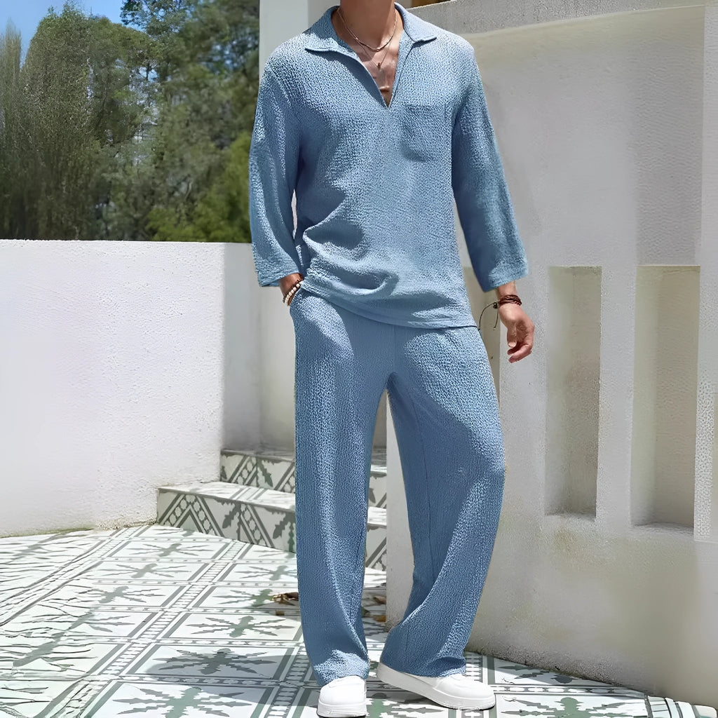 Men's casual shirt and trousers suit set in four colour options: lake blue, khaki, black, caramel.