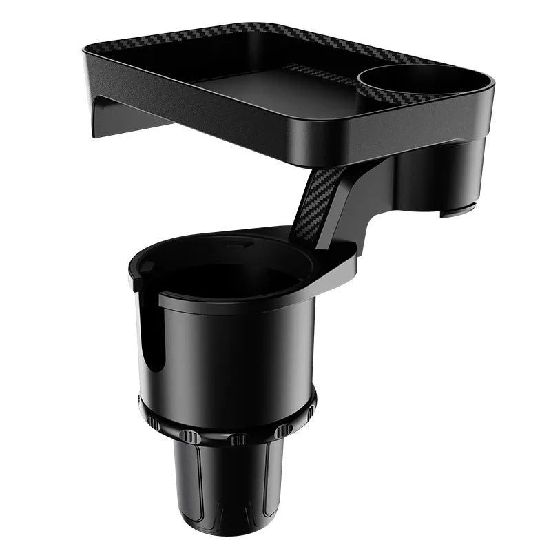 Black ABS plastic car cup holder dinner tray shown rotating, with plate secured.