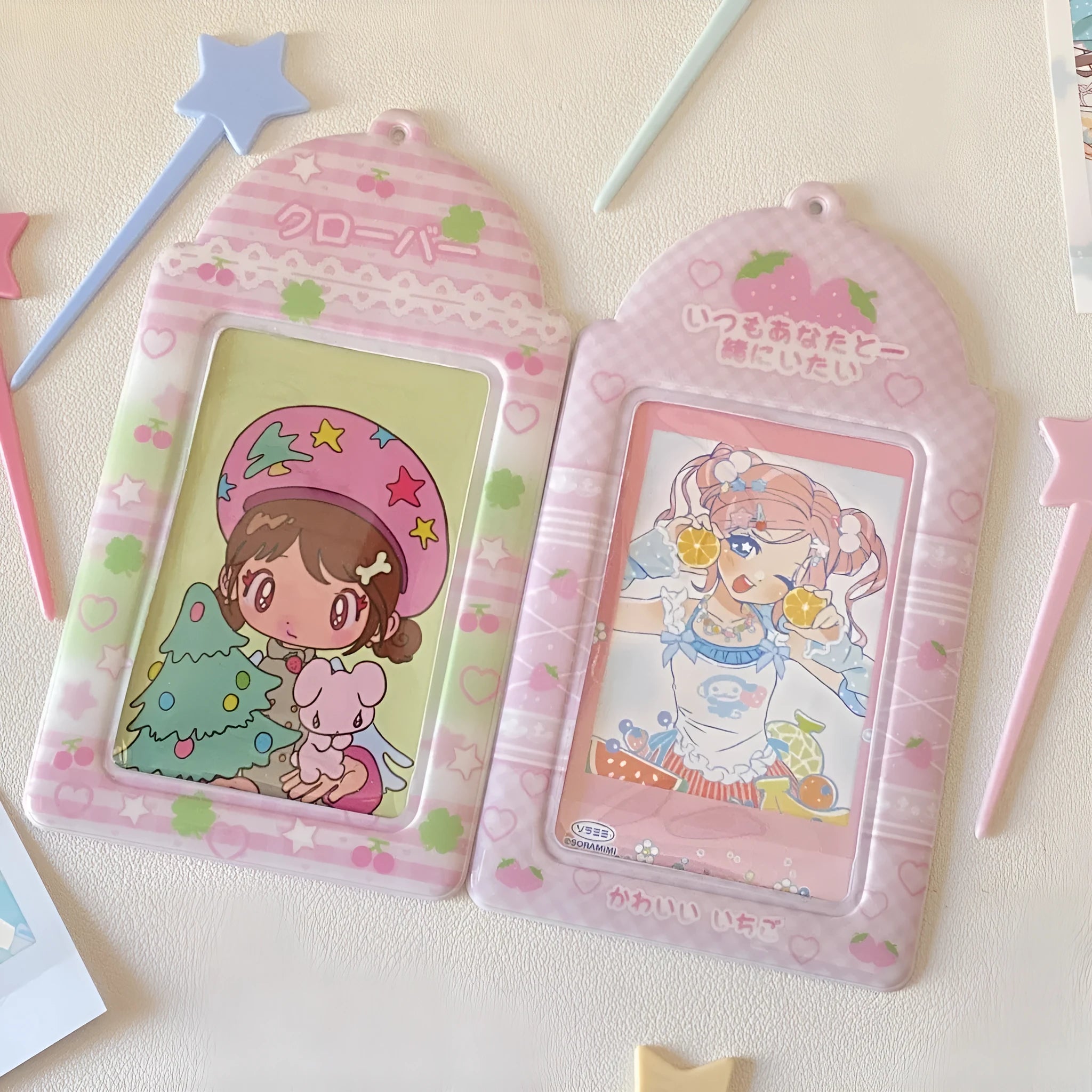 Plaid strawberry PVC card holder pendant measuring 7.6cm by 13.6cm