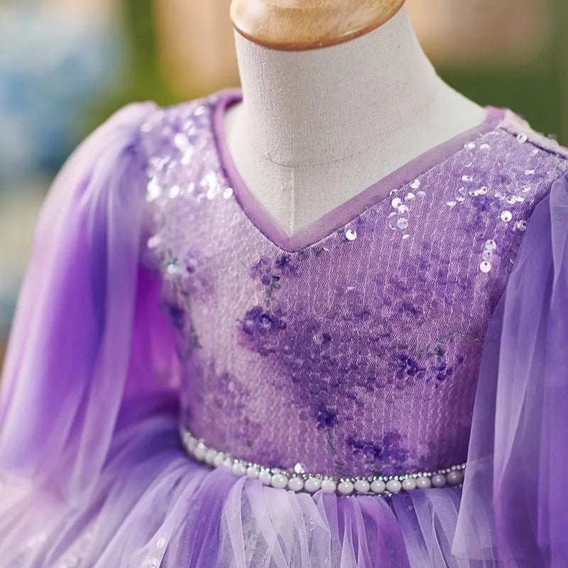 Purple tie-dyed Swiss net mesh princess pettiskirt dress for girls, sizes 80cm to 160cm, with hair accessory