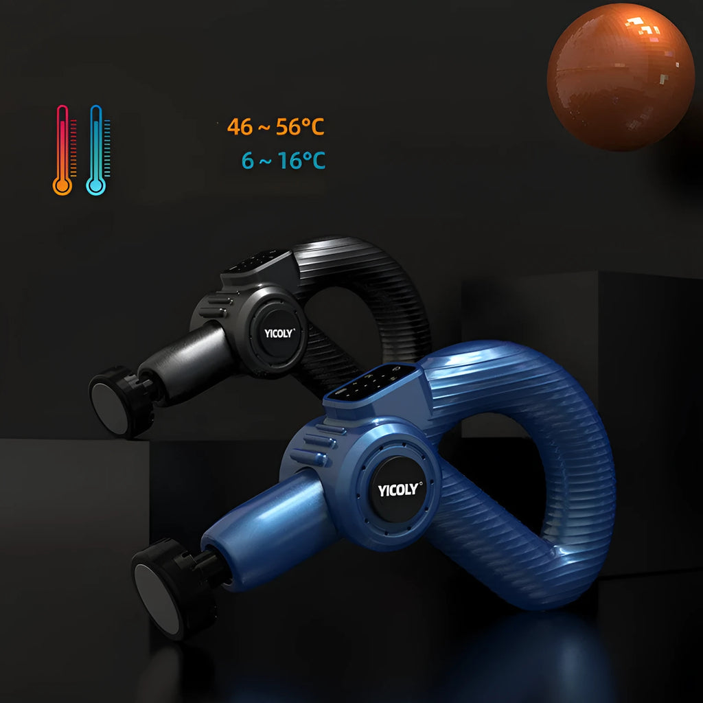 Black smart muscle massage gun with five attached massage heads on a table