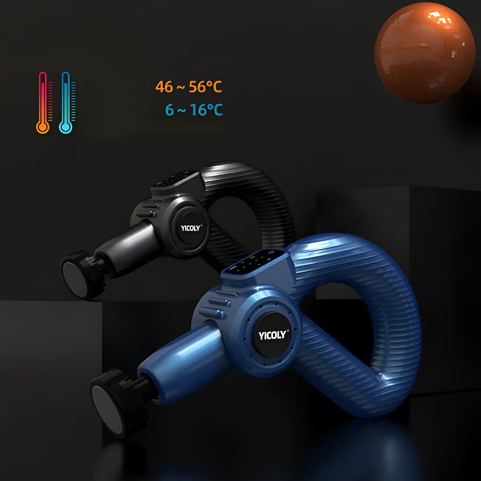 Black smart muscle massage gun with five attached massage heads on a table