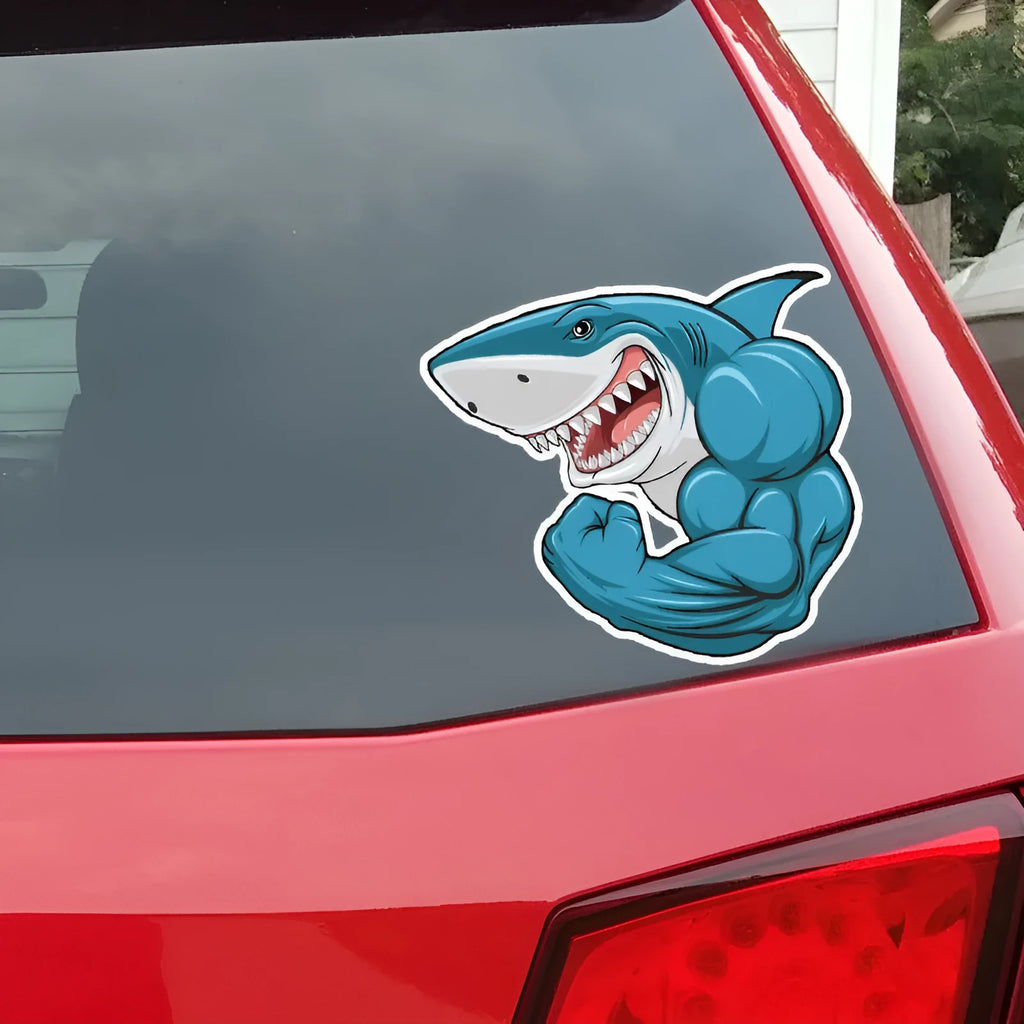 Creative bodybuilding shark 3D cartoon PVC bumper sticker 15x14cm reflective colour on car bumper