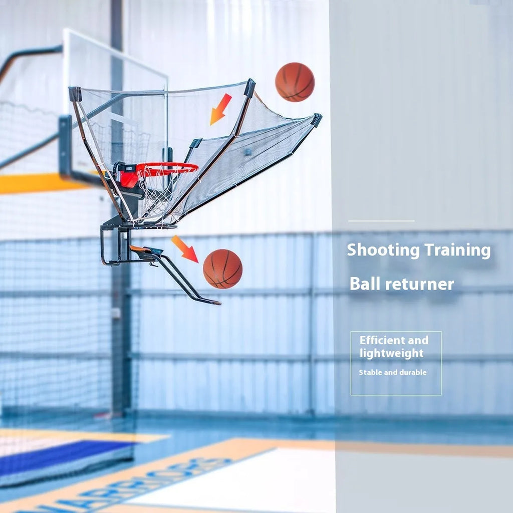 Automatic basketball return training unit hanging from a hoop for solo shooting practice.