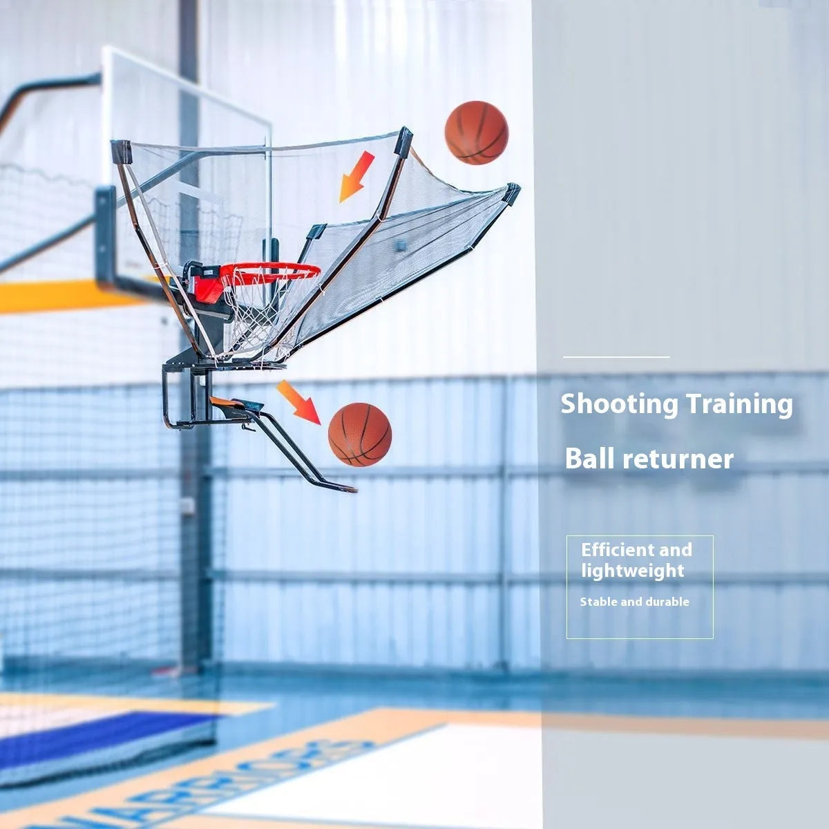 Automatic basketball return training unit hanging from a hoop for solo shooting practice.