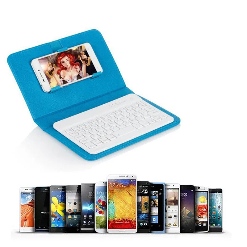 Bluetooth keyboard holster in black with phone inserted, showing stand function and keyboard layout
