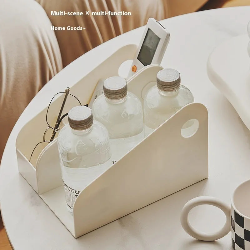 Plastic desktop storage box with two grid shelves in milk coffee colour