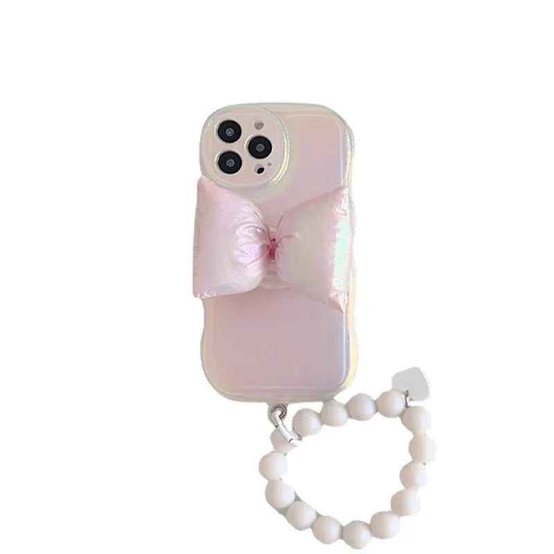 Laser powder bowknot silicone phone case for iPhone with sparkle finish and optional bracelet