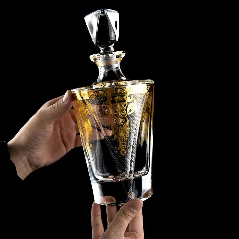 Gold line crystal glass whisky tumbler set with bottle and six glasses on white background