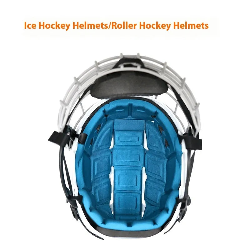 Ice hockey helmet with integrated carbon steel face mask showing PP shell and EVA lining, displayed in size L.