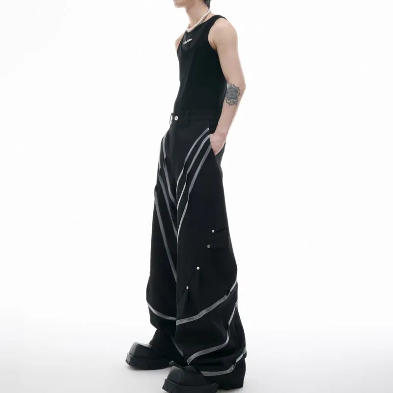 Men's polyester trousers with metal striped rivets and pleated design using three-dimensional cutting techniques