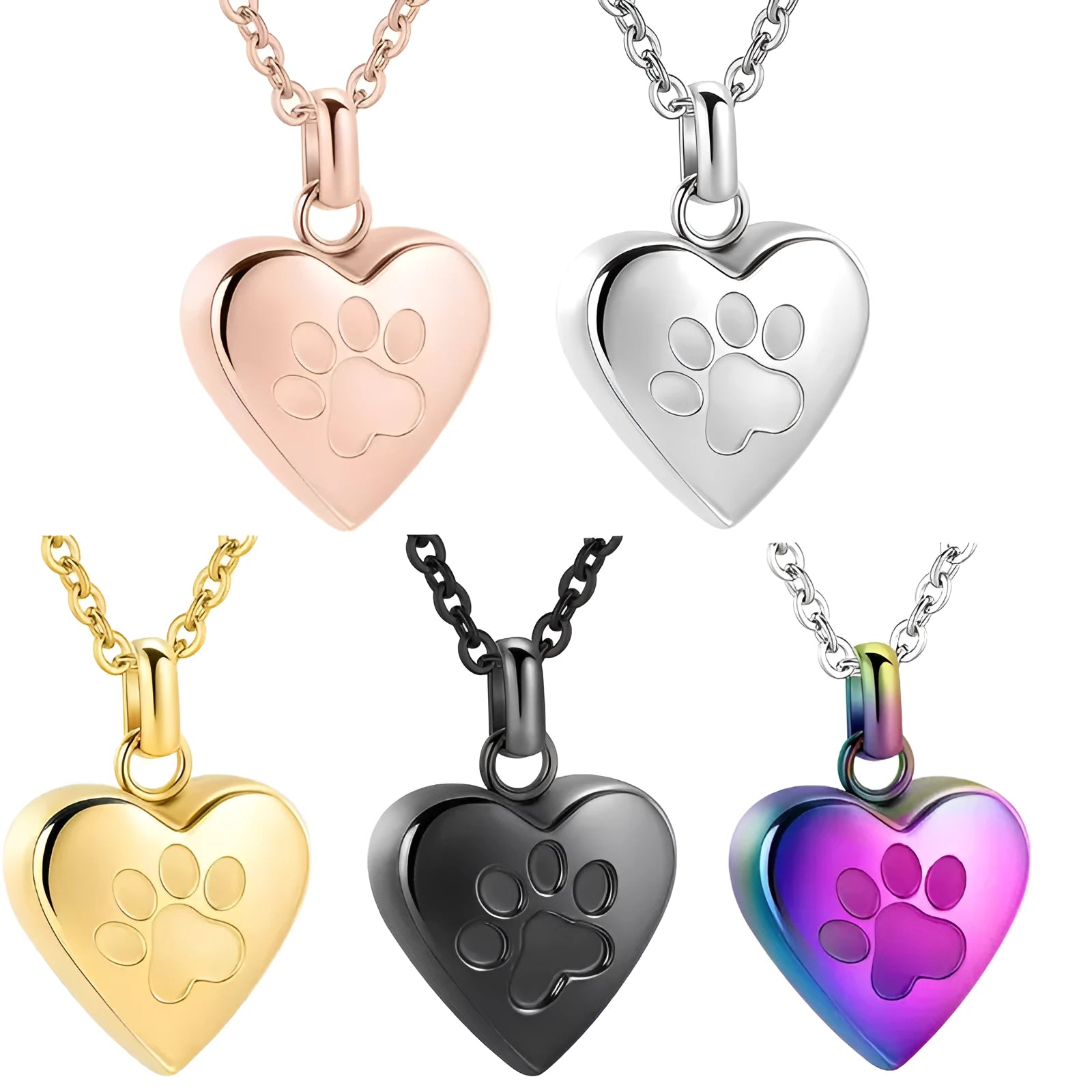 Titanium steel heart pendant necklace with paw print design and openable casket feature.