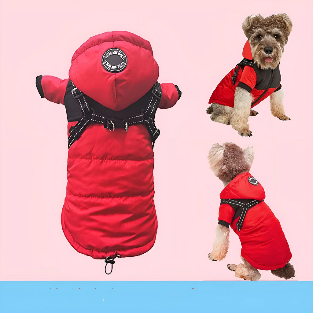 Waterproof warm pet dog coat with velvet lining, available in blue, gray, pink, red, sizes S to 2XL