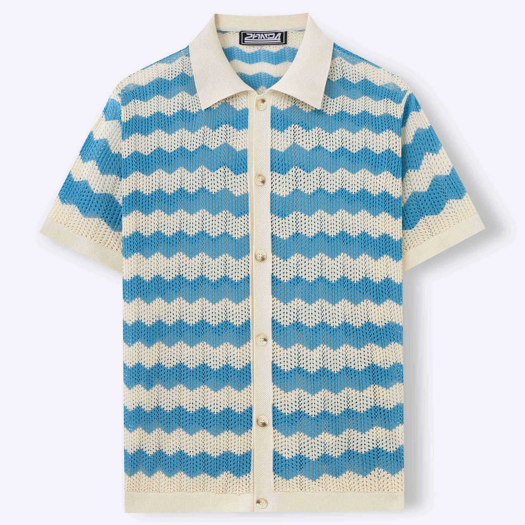 Men's American-style hollow jacquard corrugated short sleeve sweater in yellow, blue or brown with textured flocking design