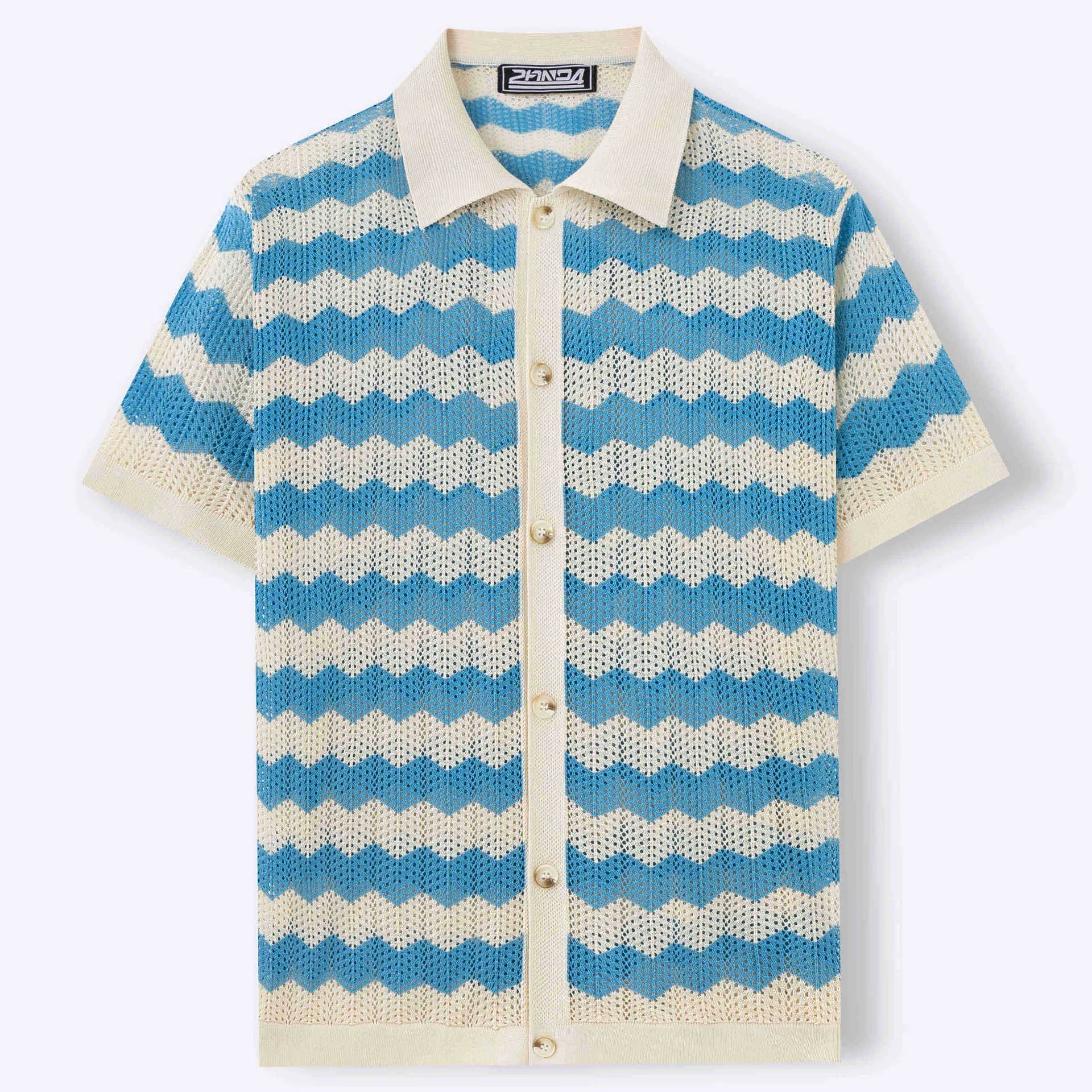 Men's American-style hollow jacquard corrugated short sleeve sweater in yellow, blue or brown with textured flocking design