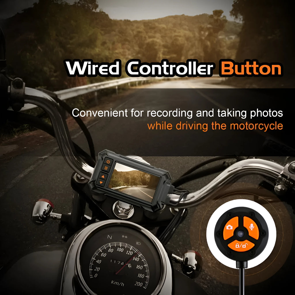 Motorcycle dash cam with 3 inch display and dual waterproof lenses for front and rear recording