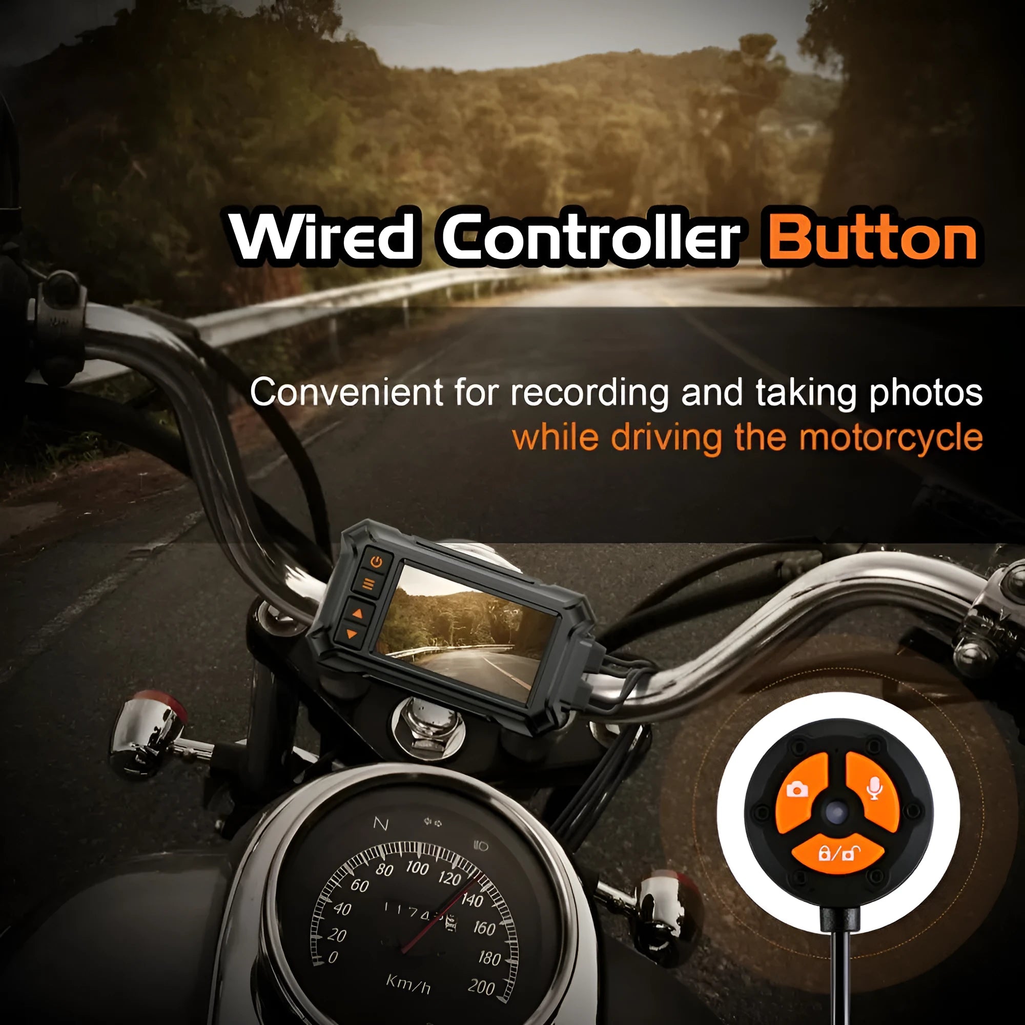 Motorcycle dash cam with 3 inch display and dual waterproof lenses for front and rear recording