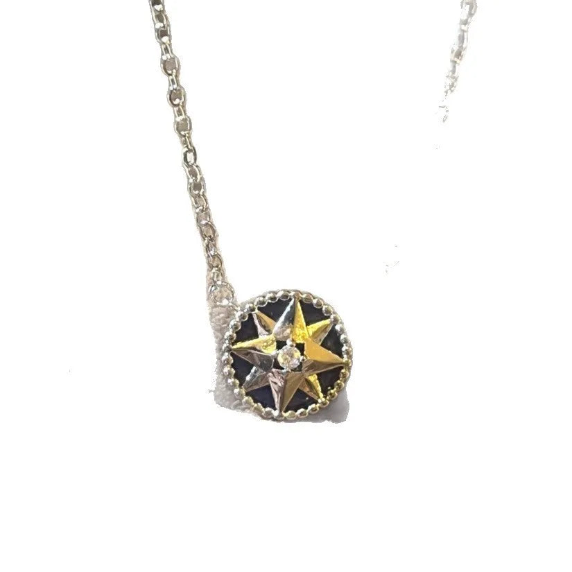Gold-plated compass necklace for women with round black agate pendant on adjustable curb chain