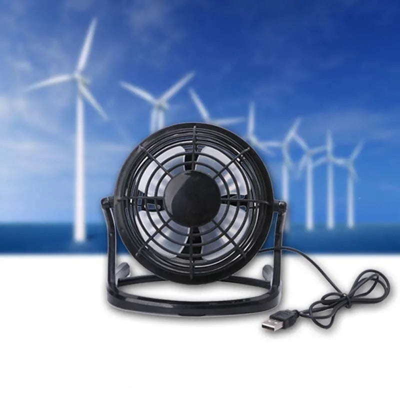 Mini USB desk fan in black colour showing adjustable tilt mechanism and compact 16cm size