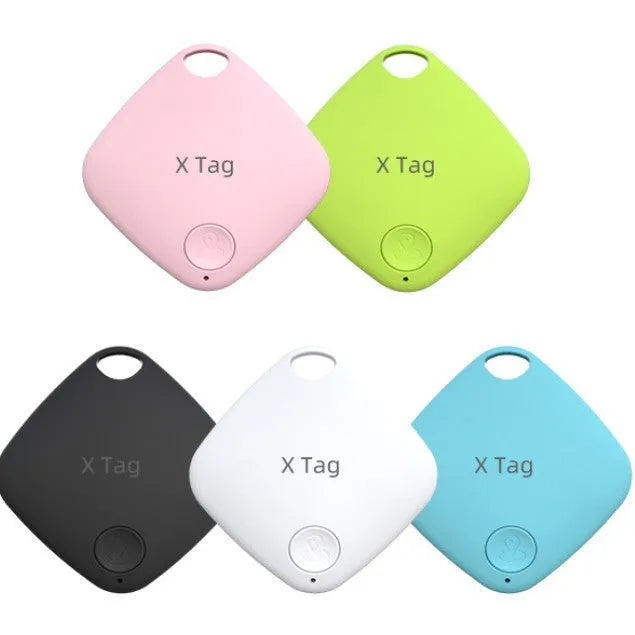 Compact cylindrical Bluetooth tracker with key ring for keys wallets and pets, shown in multiple colours.