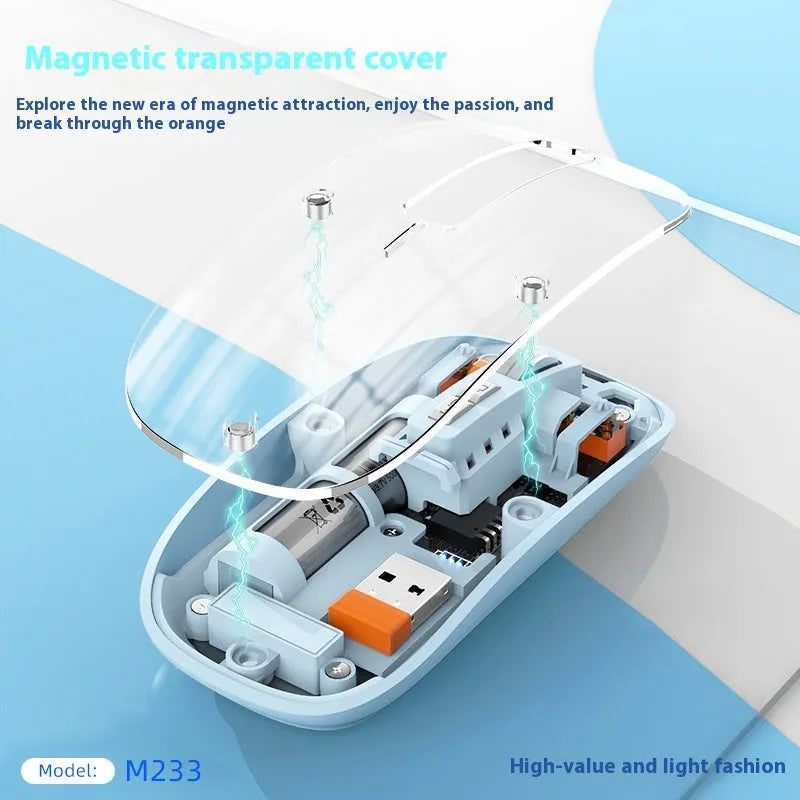 Transparent wireless computer mouse with USB receiver in multiple colour options.