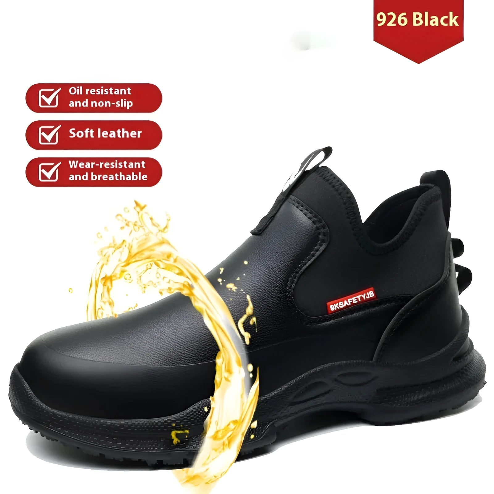 Men's black high-cut waterproof chef work shoes with a microfiber leather upper and rubber sole.
