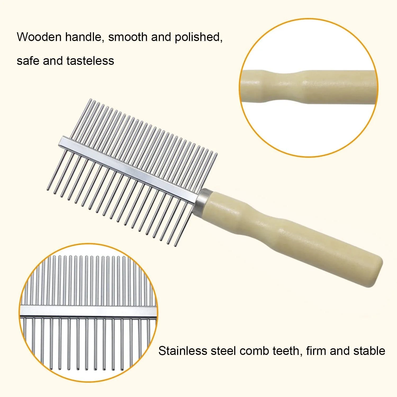 Wooden handle pet grooming comb with rounded teeth for dogs and cats