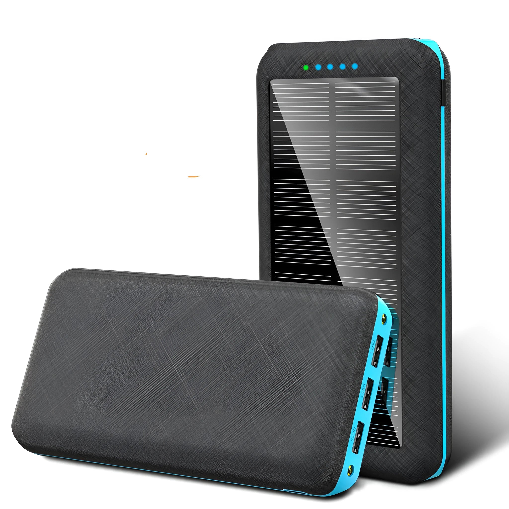 Black wireless power bank with Qi charging pad, three USB ports, and LED flashlight showing capacity display.