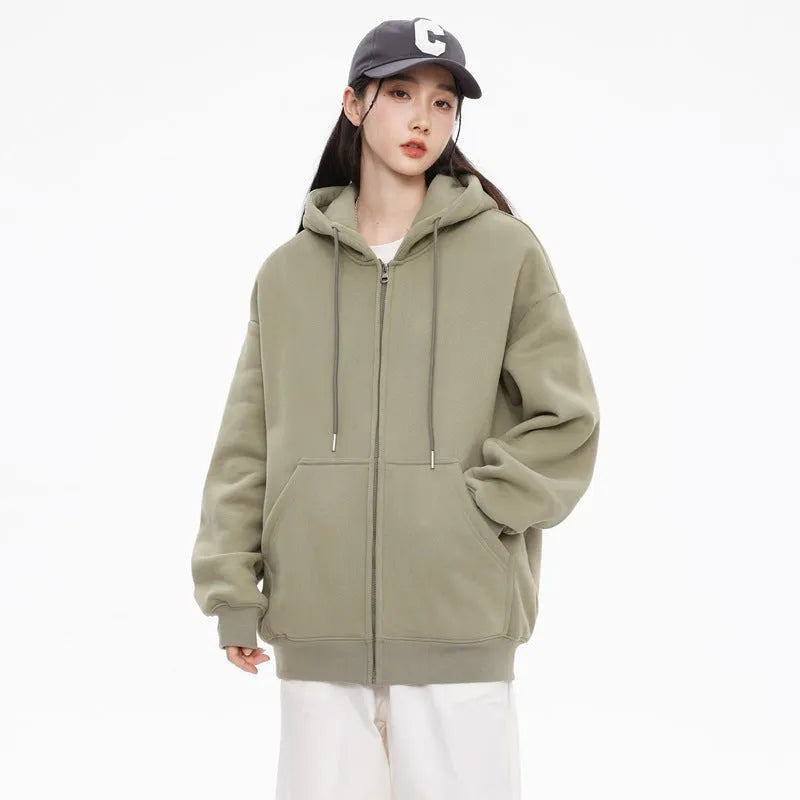 Men's solid colour hooded cardigan sweatshirt in loose fit polyester, front view